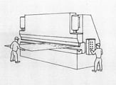 Two person team using a metal folder to shape a large, thin plate of metal.